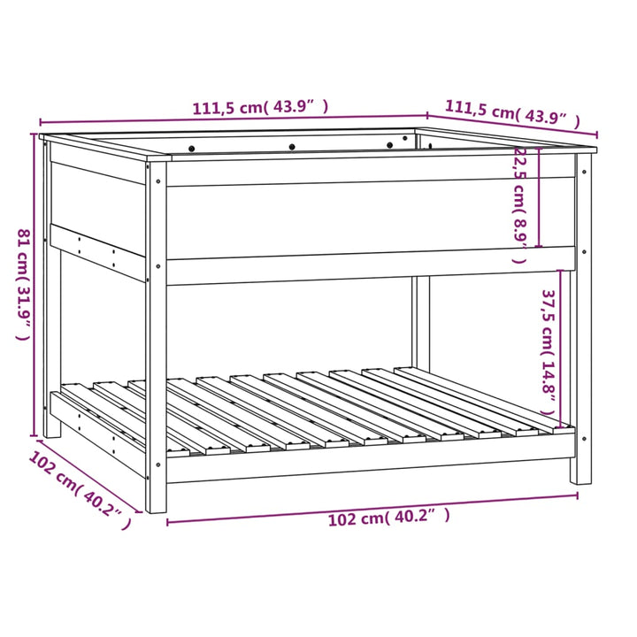 Plantenbak met schap 111,5x111,5x81 cm massief grenenhout wit