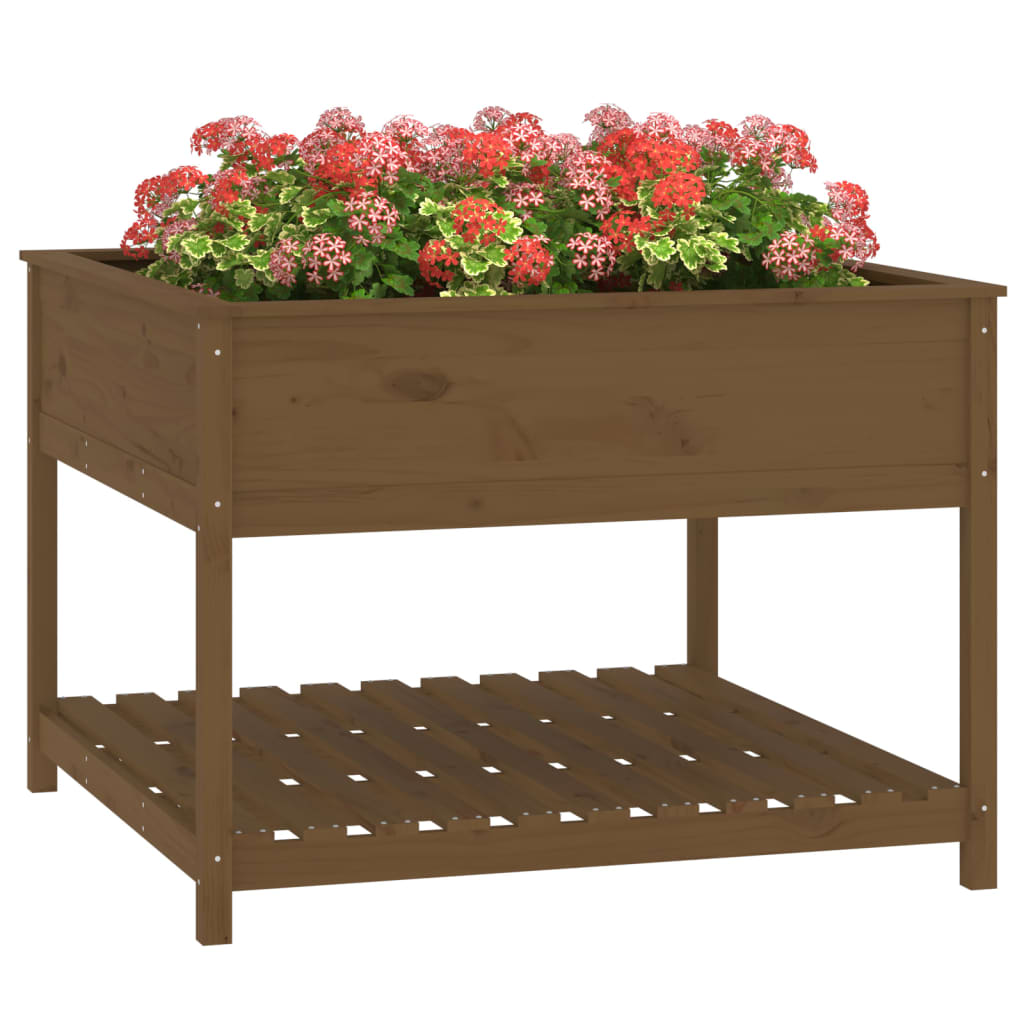 Plantenbak met schap 111,5x111,5x81 cm grenenhout honingbruin