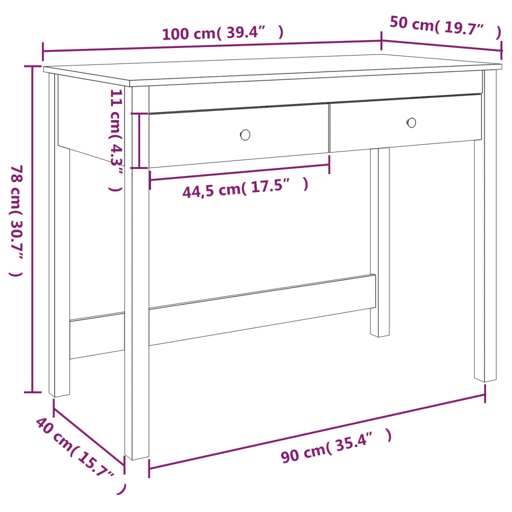 Bureau met lades 100x50x78 cm massief grenenhout honingbruin