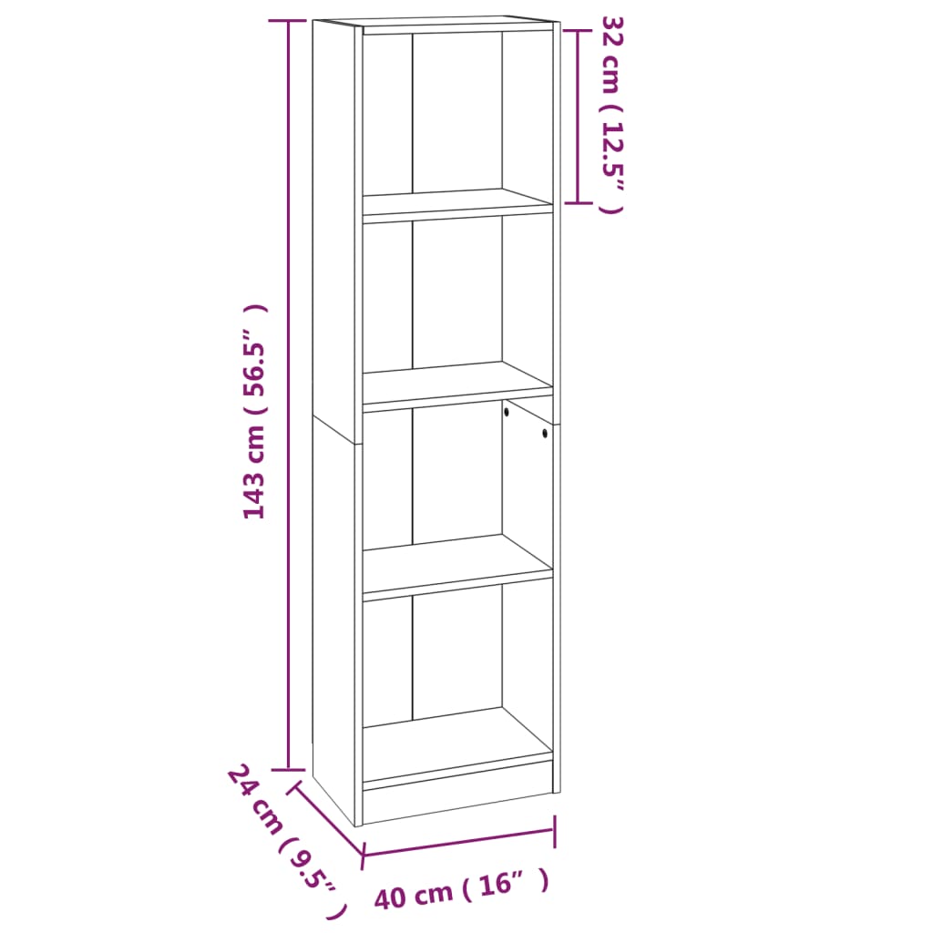 Boekenkast met 4 schappen 40x24x143 cm bewerkt hout bruineiken