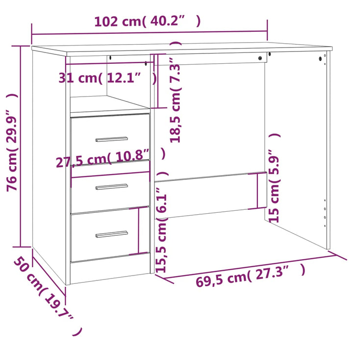 Bureau met lades 102x50x76 cm bewerkt hout betongrijs