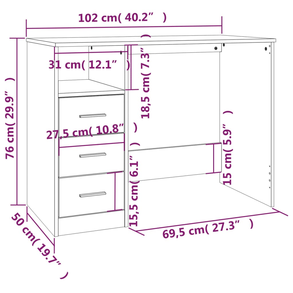 Bureau met lades 102x50x76 cm bewerkt hout gerookt eikenkleurig