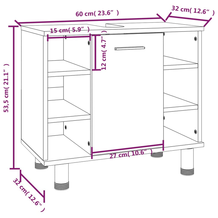 Badkamerkast 60x32x53,5 cm bewerkt hout grijs sonoma eikenkleur