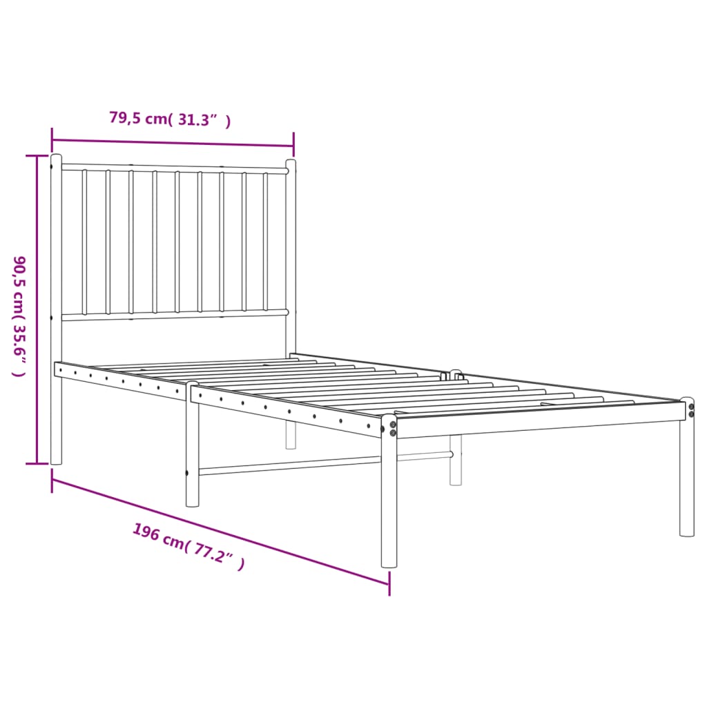 Bedframe met hoofdbord metaal wit 75 x 190 cm