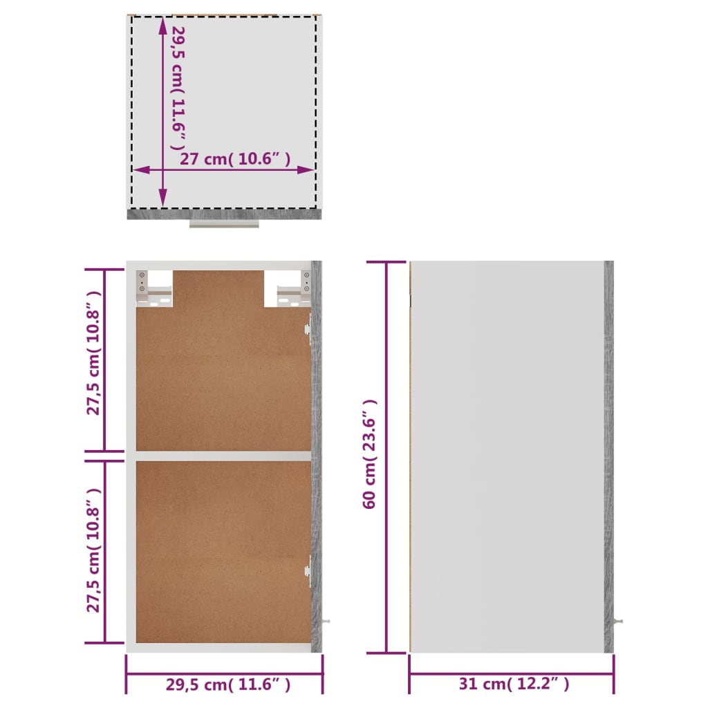 Hangkast 29,5x31x60 cm bewerkt hout grijs sonoma eikenkleurig