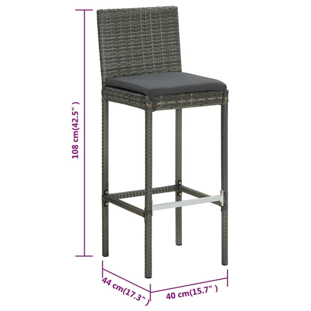 Barkrukken 6 st met kussens poly rattan grijs