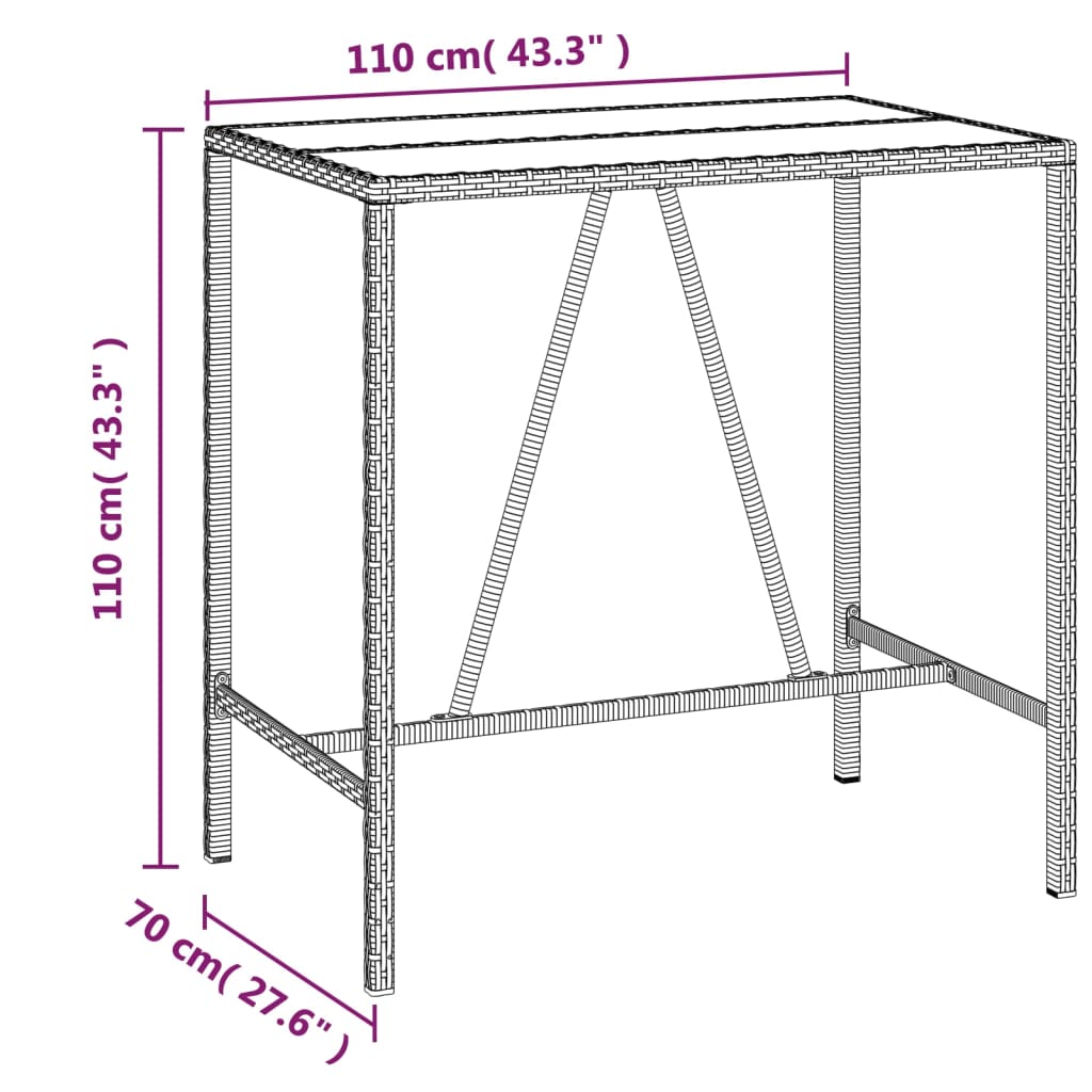 Bartafel met glazen blad 110x70x110 cm poly rattan bruin