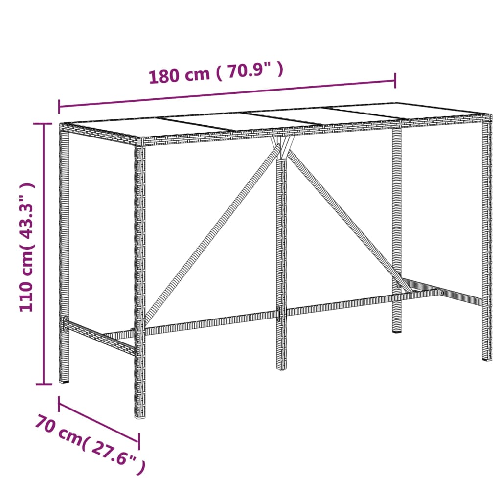 Bartafel met glazen blad 180x70x110 cm poly rattan zwart