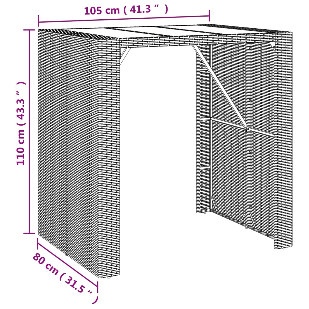 Bartafel met glazen blad 105x80x110 cm poly rattan grijs