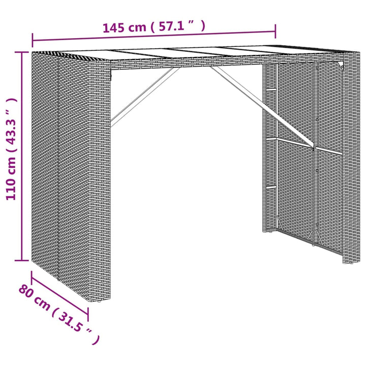 Bartafel met glazen blad 145x80x110 cm poly rattan bruin