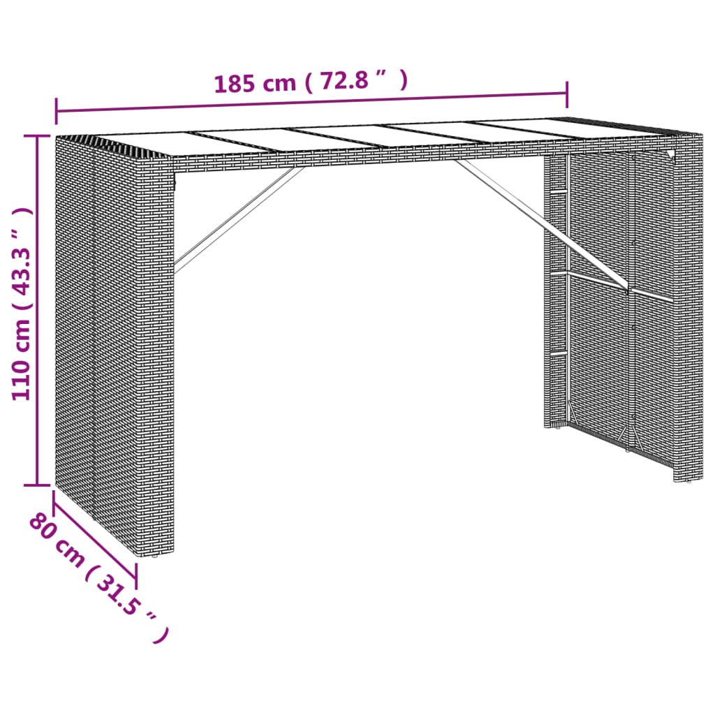 Bartafel met glazen blad 185x80x110 cm poly rotan bruin