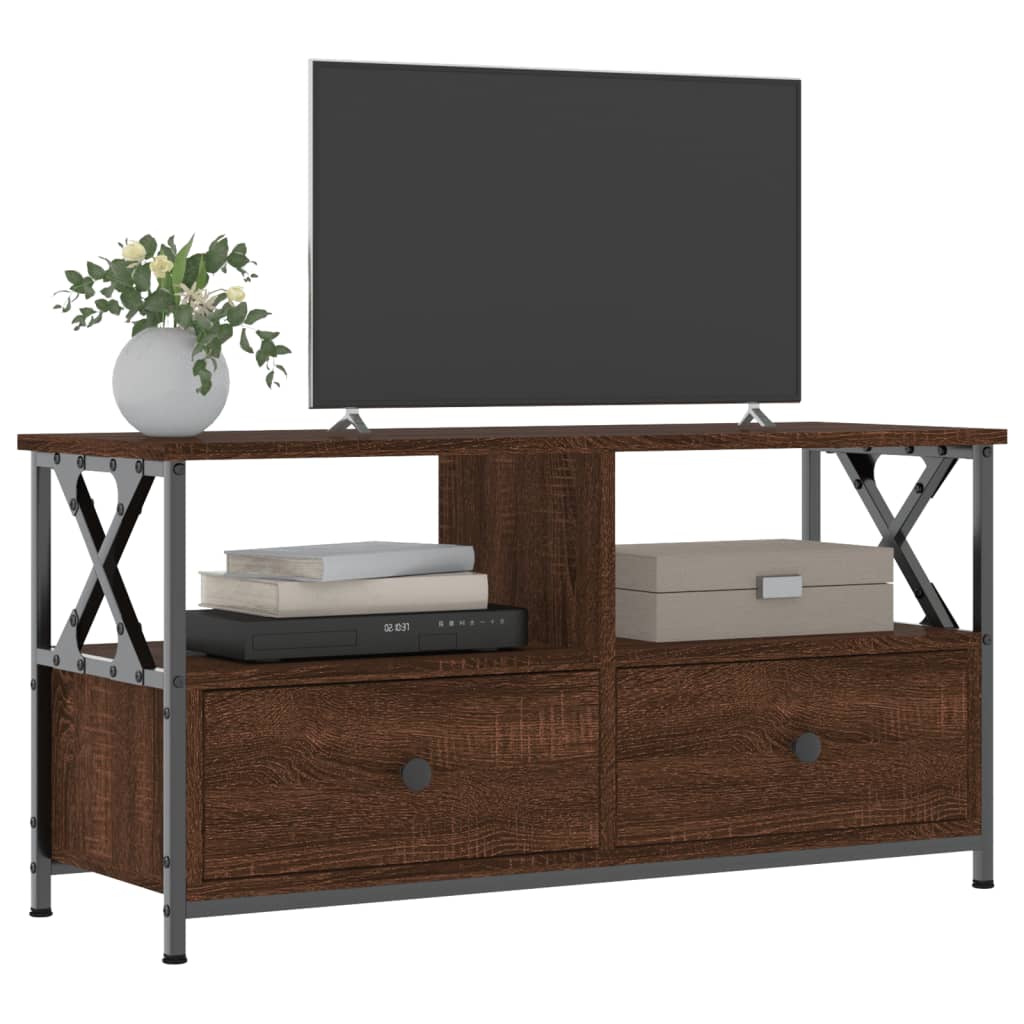 Tv-meubel 90x33x45 cm bewerkt hout en ijzer bruin eikenkleur