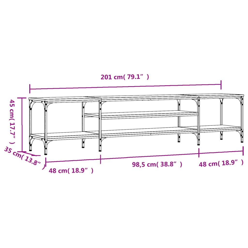 Tv-meubel 201x35x45 cm bewerkt hout en ijzer sonoma eikenkleur