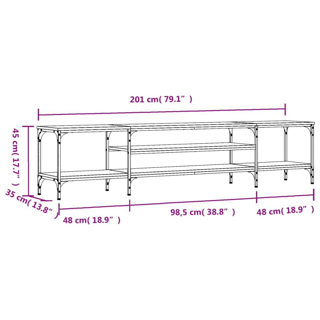 Tv-meubel 201x35x45 cm bewerkt hout en ijzer gerookt eikenkleur