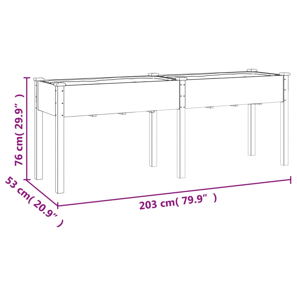 Plantenbak met voering 203x53x76 cm massief vurenhout