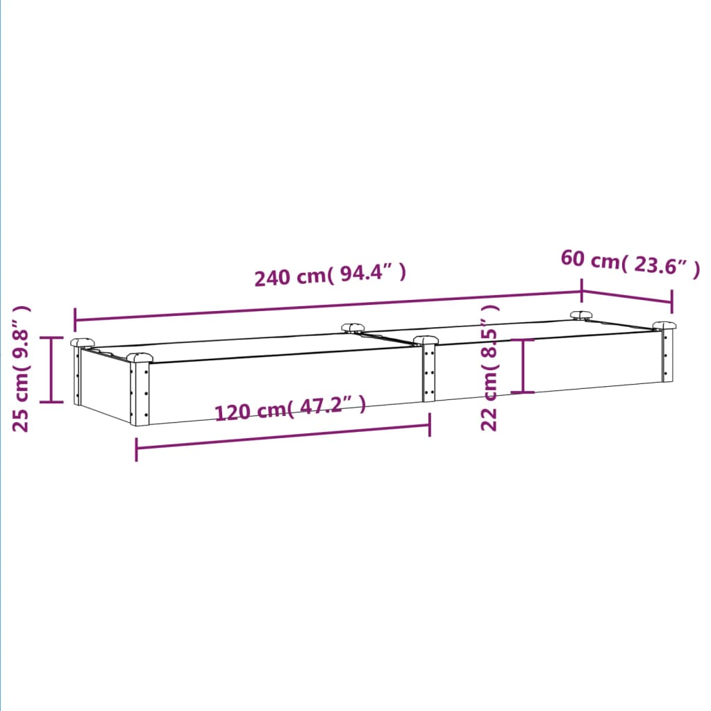 Plantenbak berekend met voering 240x60x25 cm massief vuurhout