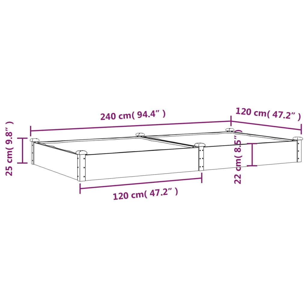 Plantenbak berekend met voering 240x120x25 cm massief vuurhout