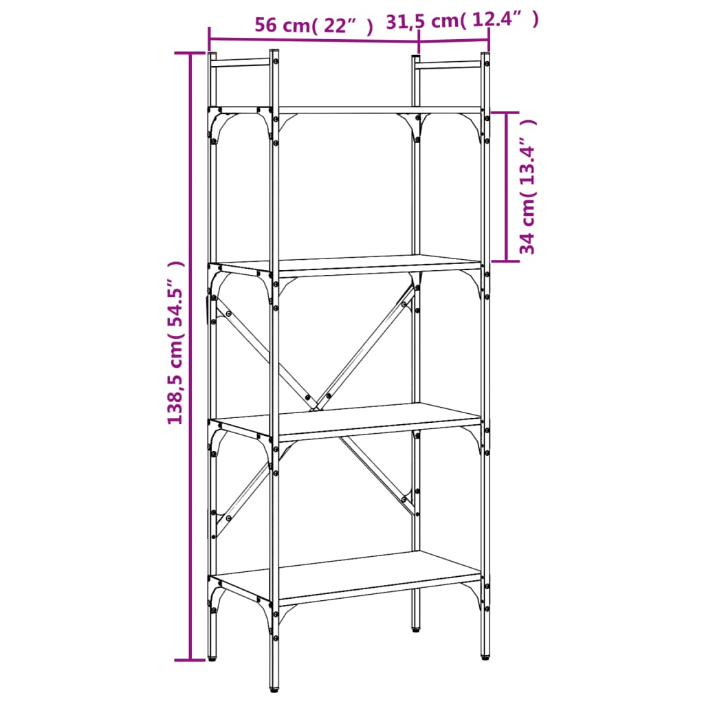 Boekenkast 4-laags 56x31,5x138,5 cm bewerkt hout grijs sonoma