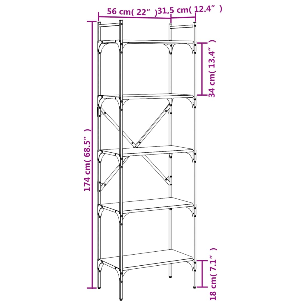 Boekenkast 5-laags 56x31,5x174 cm bewerkt hout grijs sonoma