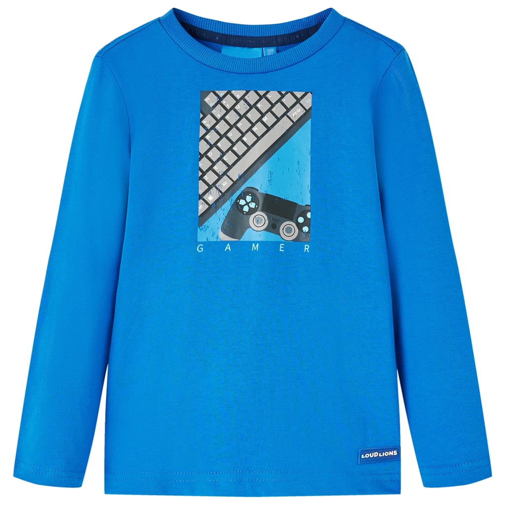 Kindershirt met lange mouwen controllerprint 128 kobaltblauw