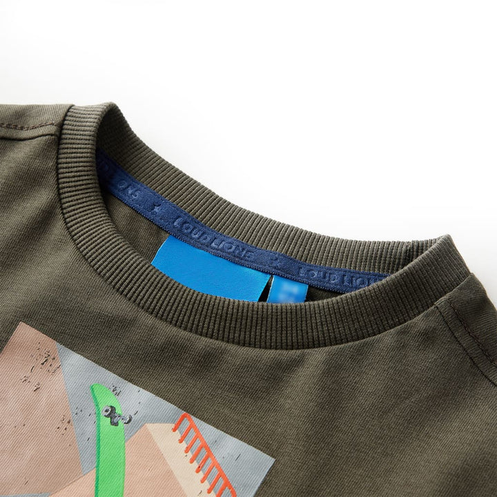 Kindershirt met lange mouwen skateboardprint 104 kakikleurig