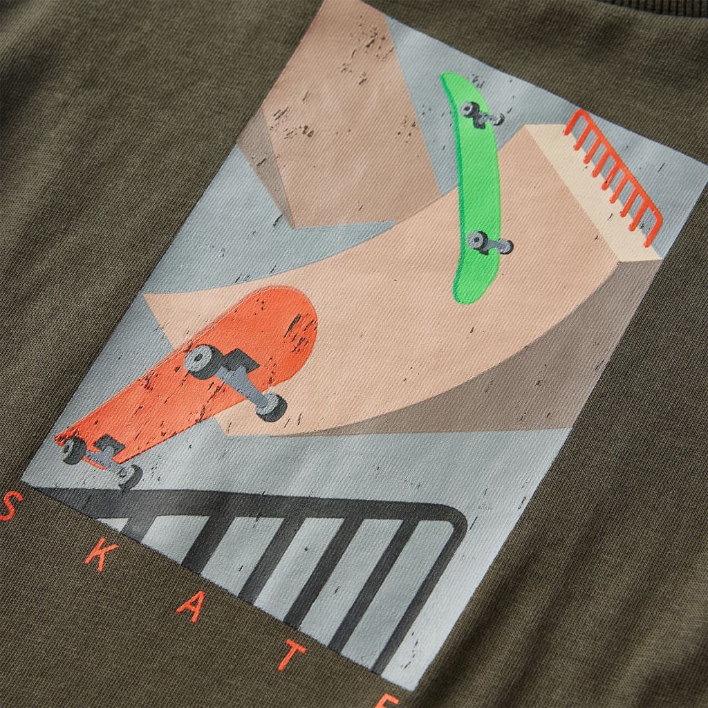 Kindershirt met lange mouwen skateboardprint 104 kakikleurig
