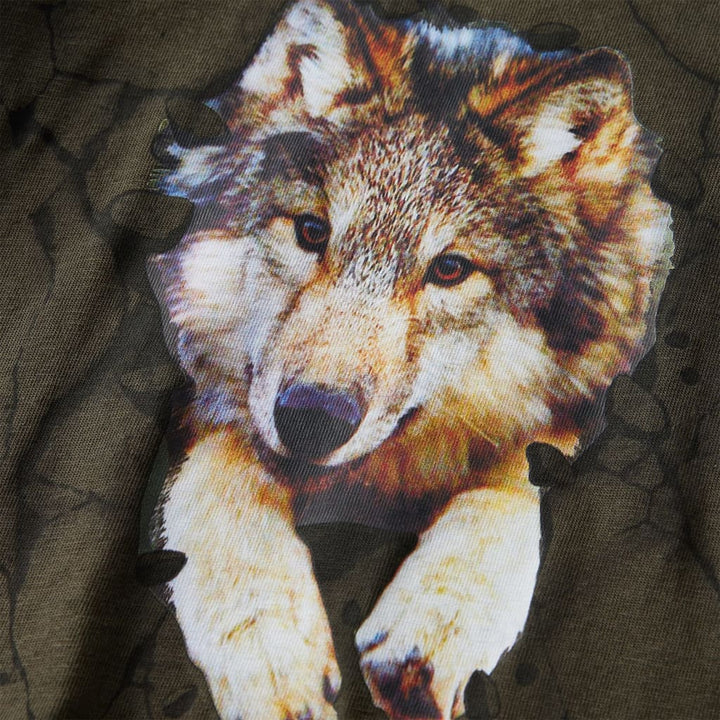 Kindershirt met lange mouwen wolvenprint 128 kakikleurig