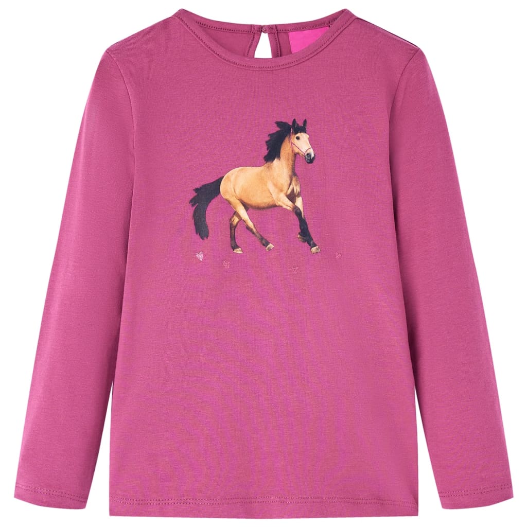Kindershirt met lange mouwen paardenprint 140 frambooskleurig
