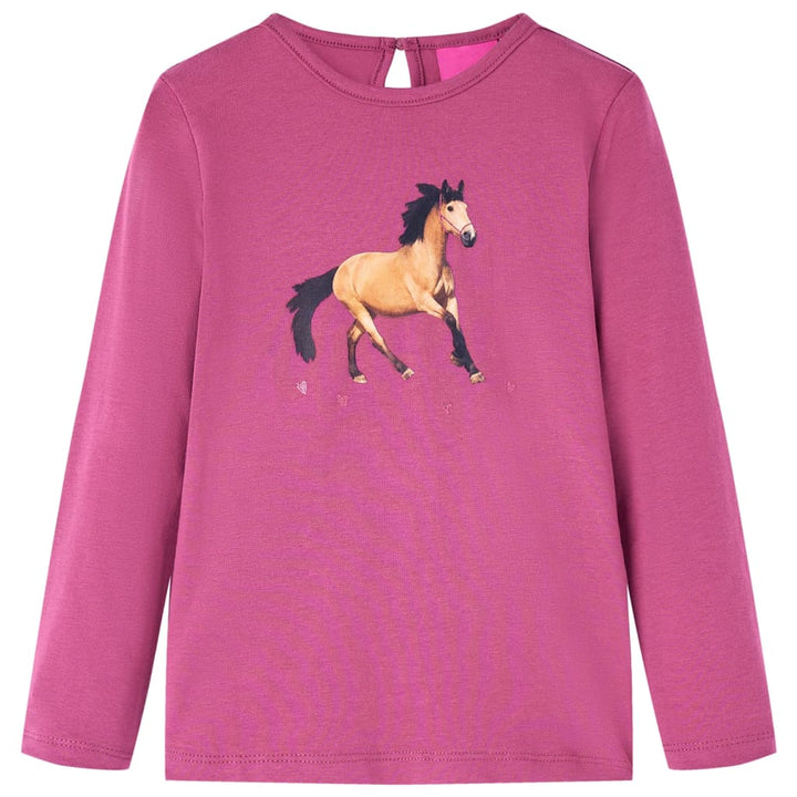 Kindershirt met lange mouwen paardenprint 128 frambooskleurig