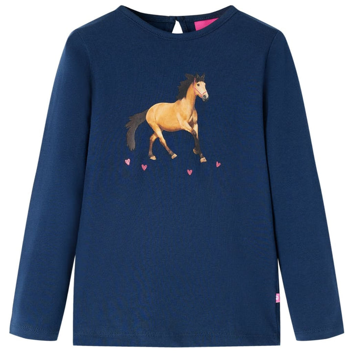 Kindershirt met lange mouwen paardenprint 140 marineblauw