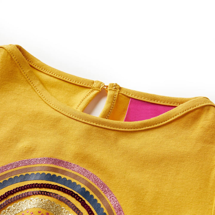 Kindershirt met lange mouwen regenboogprint 128 okerkleurig