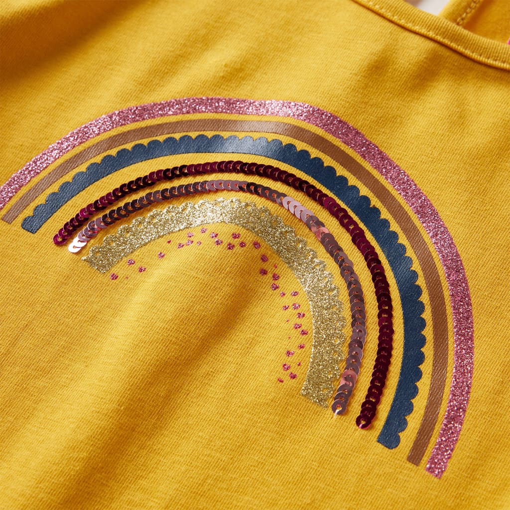 Kindershirt met lange mouwen regenboogprint 128 okerkleurig
