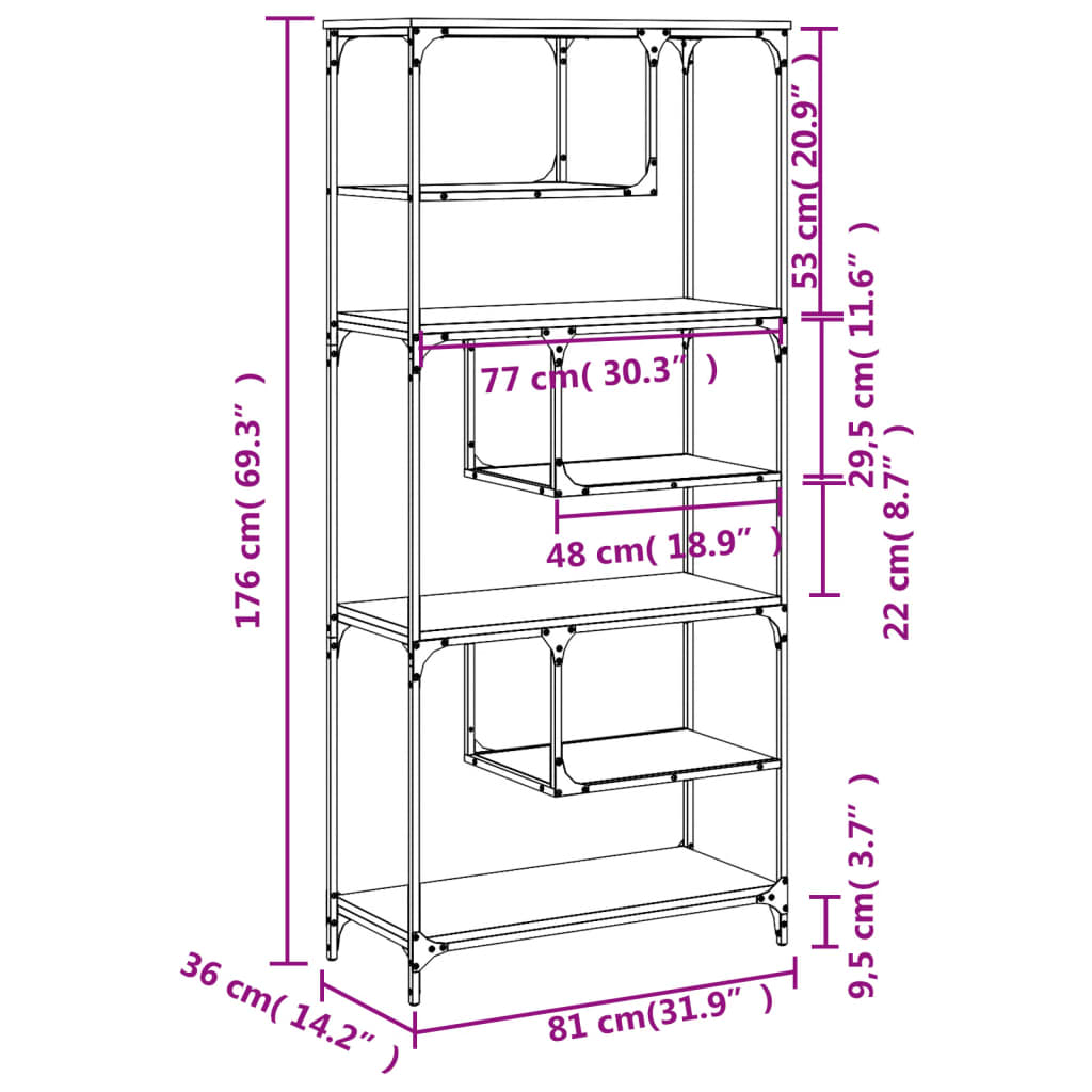 Boekenkast 81x36x176 cm bewerkt hout gerookt eikenkleurig