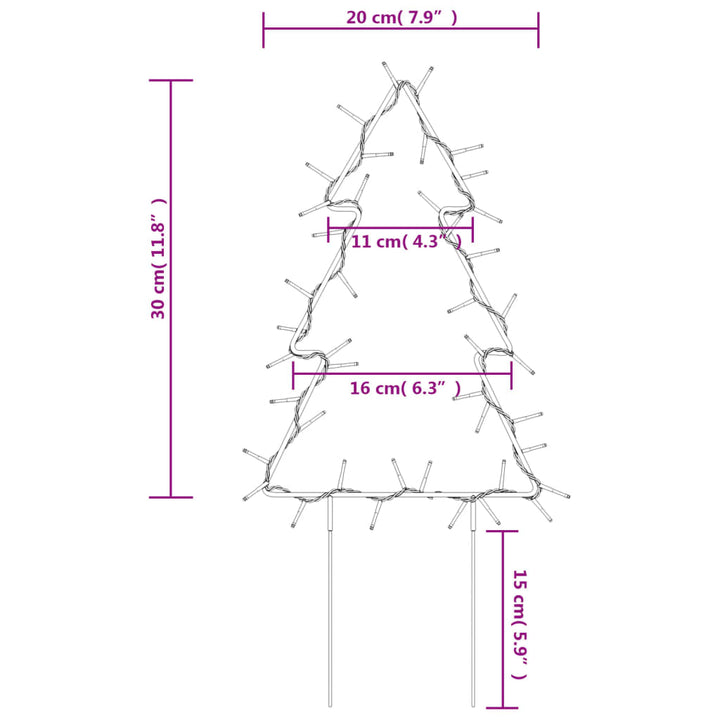 Kerstverlichting kerstboom 3 st met grondpinnen 50 LED's 30 cm