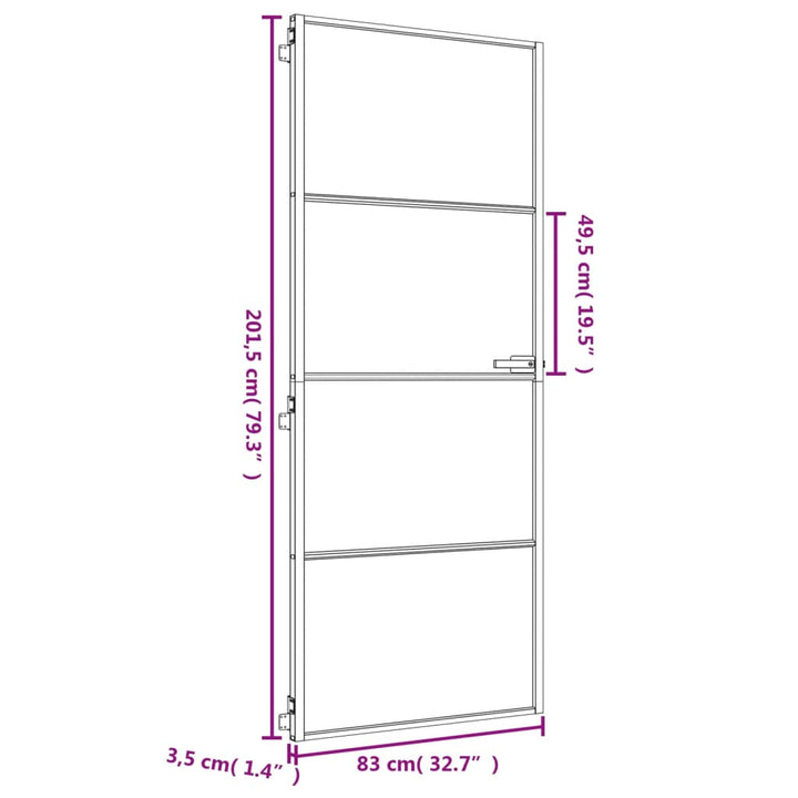 Binnendeur smal 83x201,5 cm gehard glas en aluminium goudkleur