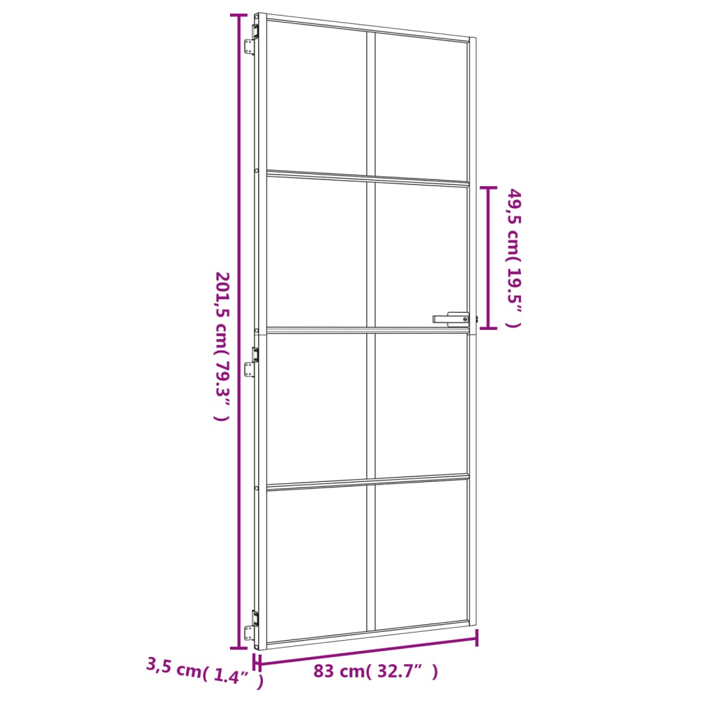 Binnendeur smal 83x201,5 cm gehard glas en aluminium goudkleur