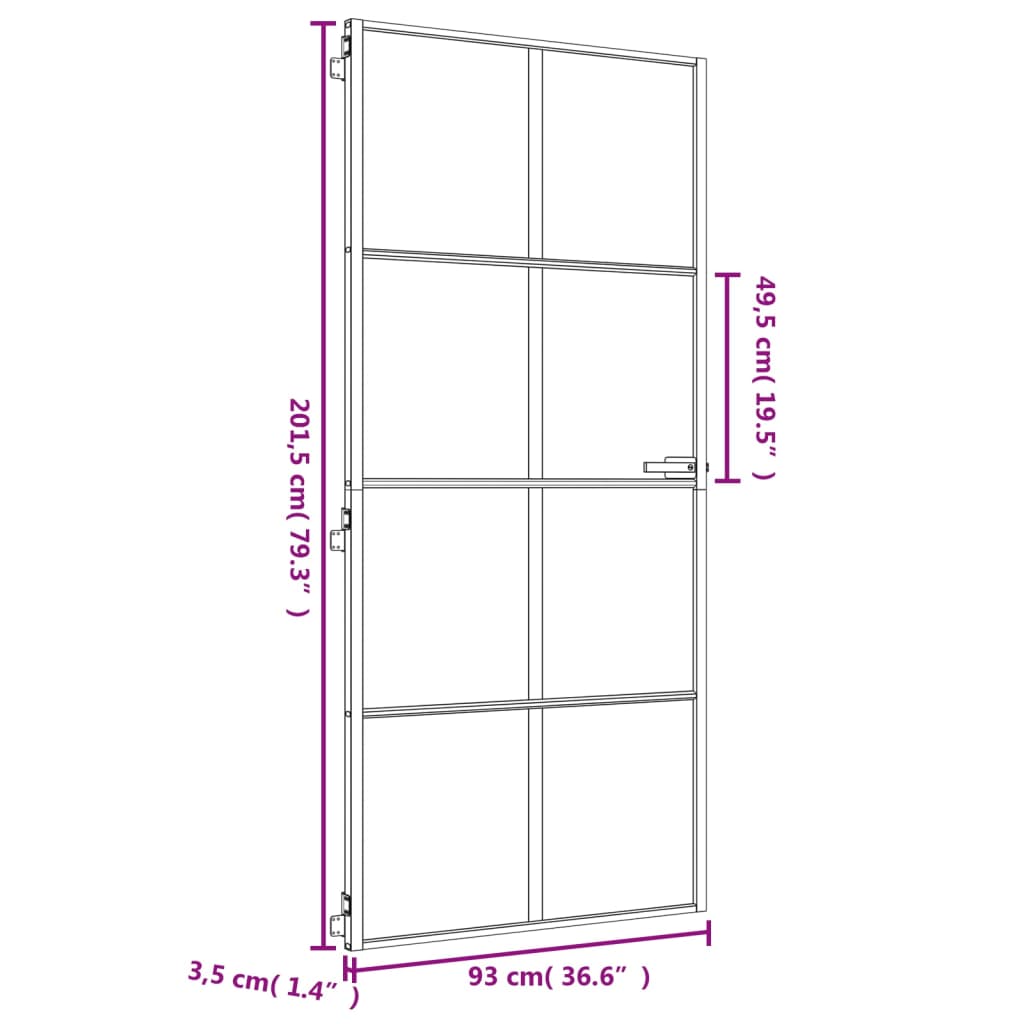 Binnendeur smal 93x201,5 cm gehard glas en aluminium goudkleur