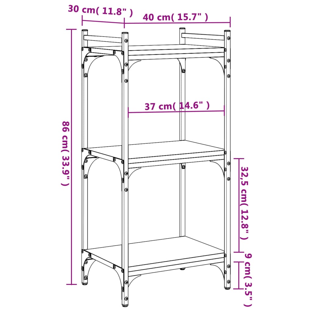 Boekenkast 3-laags 40x30x86 cm bewerkt hout sonoma eikenkleurig