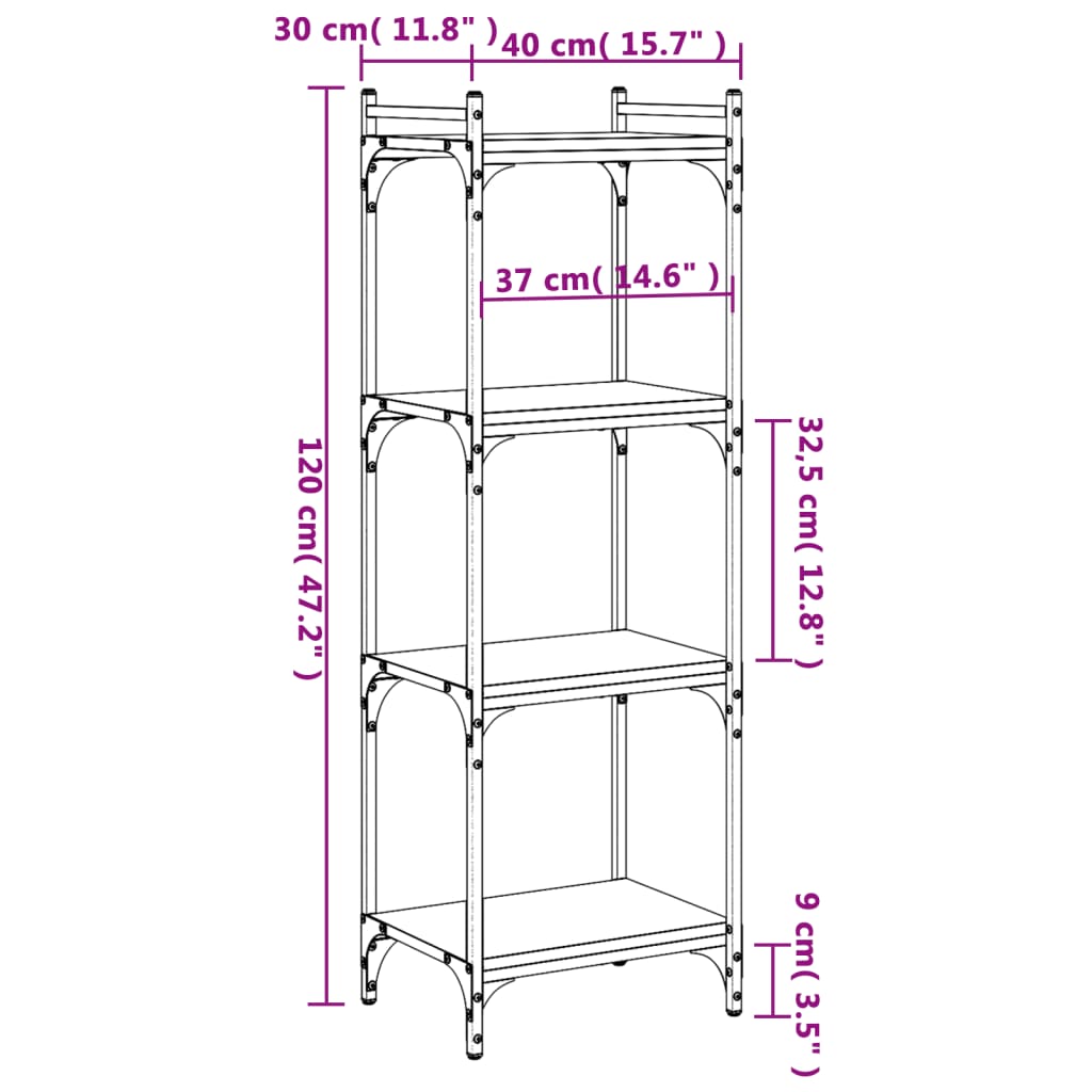 Boekenkast 4-laags 40x30x120 cm bewerkt hout gerookt eikenkleur