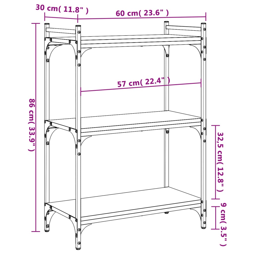 Boekenkast 3-laags 60x30x86 cm bewerkt hout gerookt eikenkleur