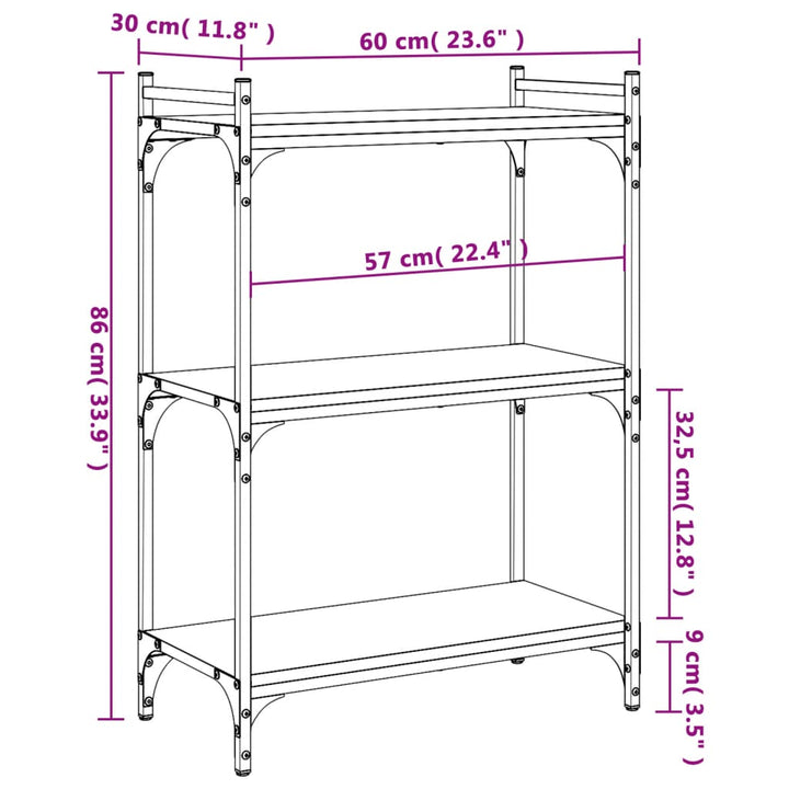 Boekenkast 3-laags 60x30x86 cm bewerkt hout grijs sonoma eiken