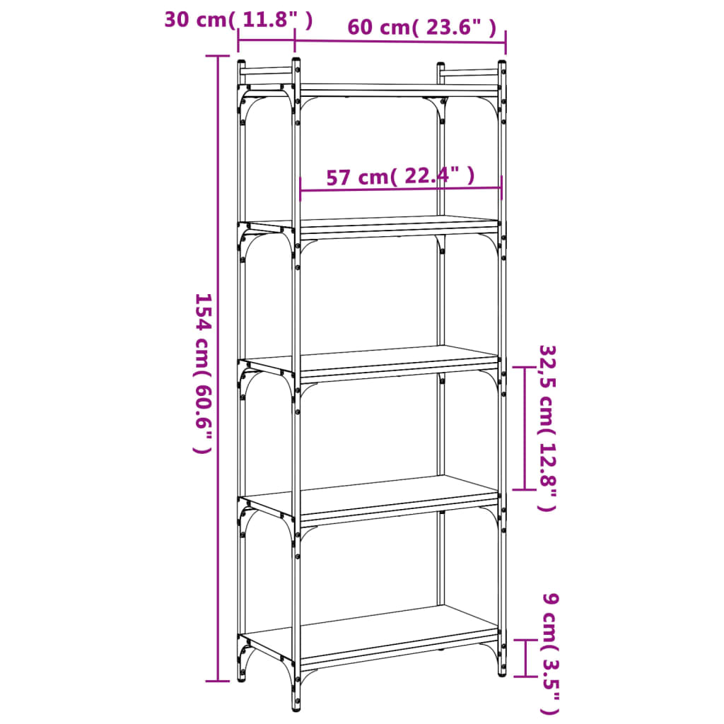 Boekenkast 5-laags 60x30x154 cm bewerkt hout sonoma eikenkleur