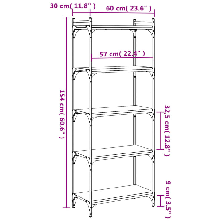 Boekenkast 5-laags 60x30x154 cm bewerkt hout sonoma eikenkleur