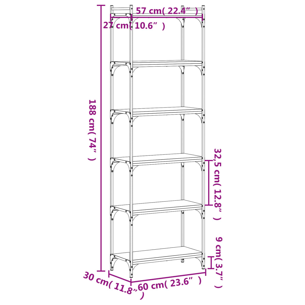 Boekenkast 6-laags 60x30x188 cm bewerkt hout grijs sonoma