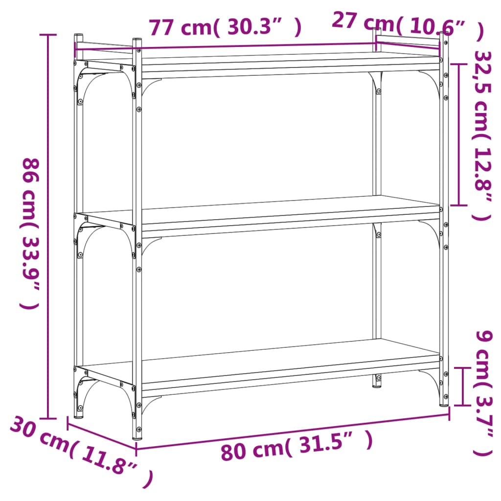 Boekenkast 3-laags 80x30x86 cm bewerkt hout zwart