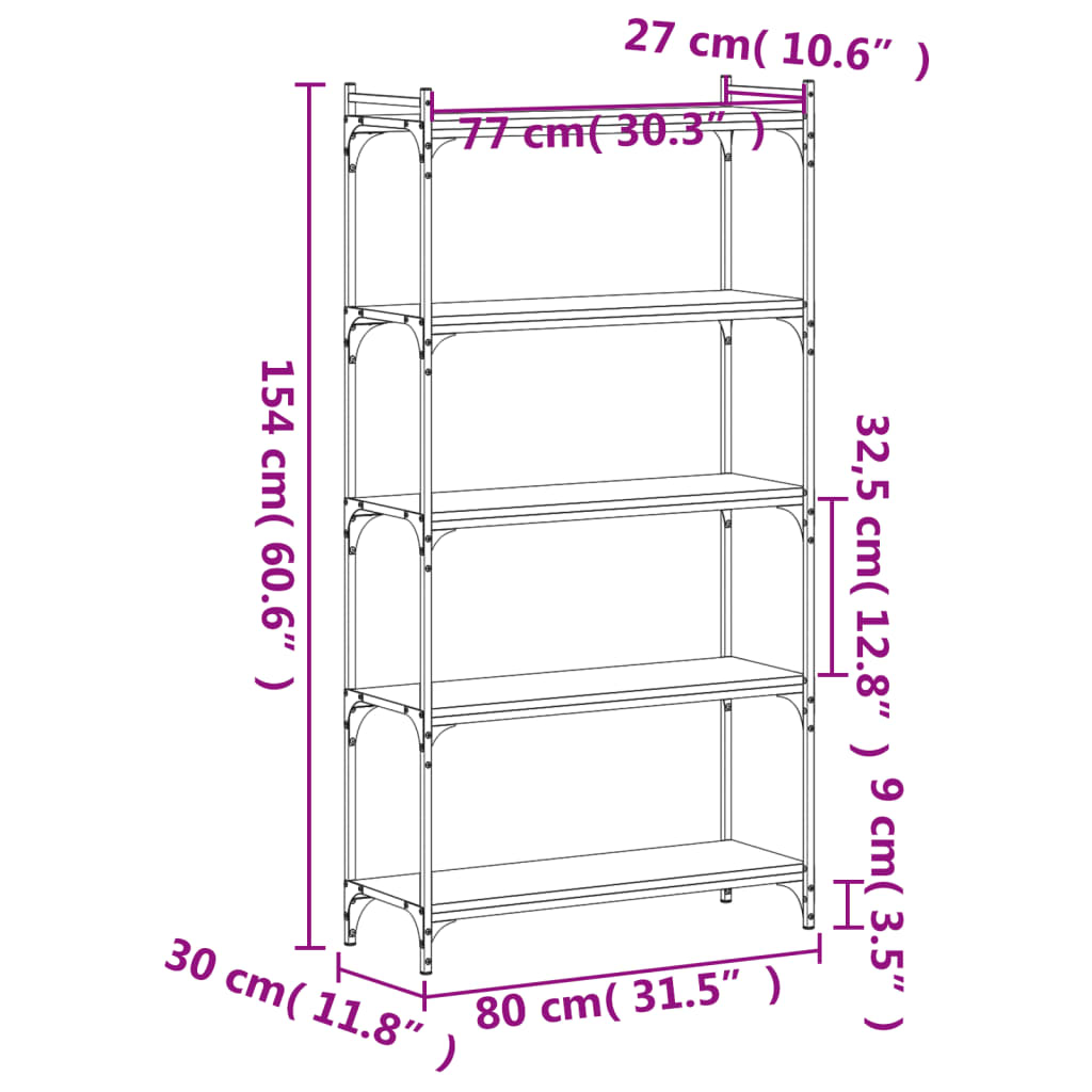 Boekenkast 5-laags 80x30x154 cm bewerkt hout gerookt eikenkleur