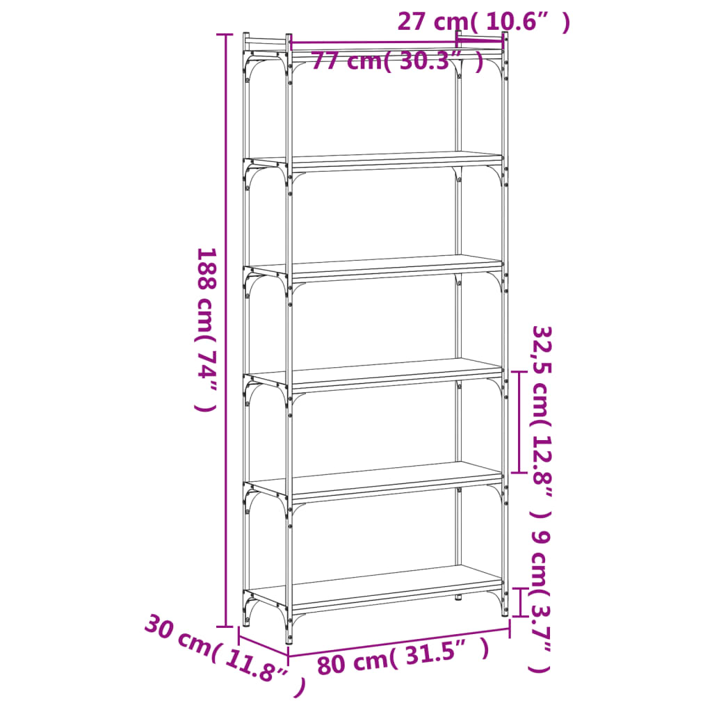 Boekenkast 6-laags 80x30x188 cm bewerkt hout zwart