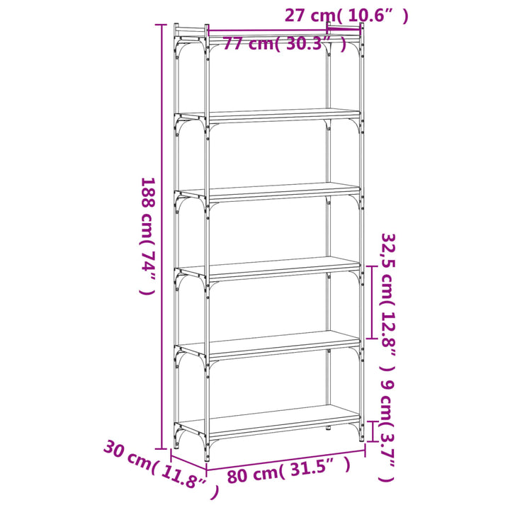 Boekenkast 6-laags 80x30x188 cm bewerkt hout zwart