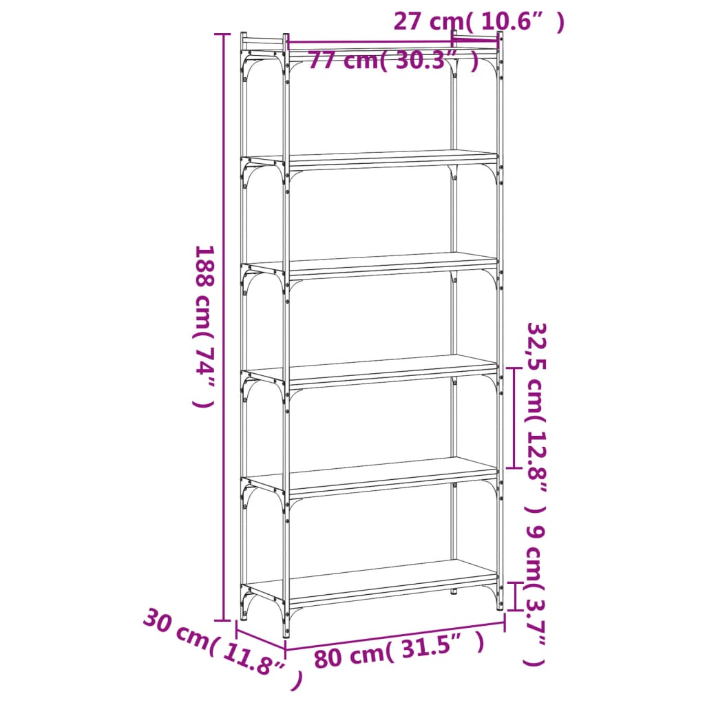 Boekenkast 6-laags 80x30x188 cm bewerkt hout sonoma eiken