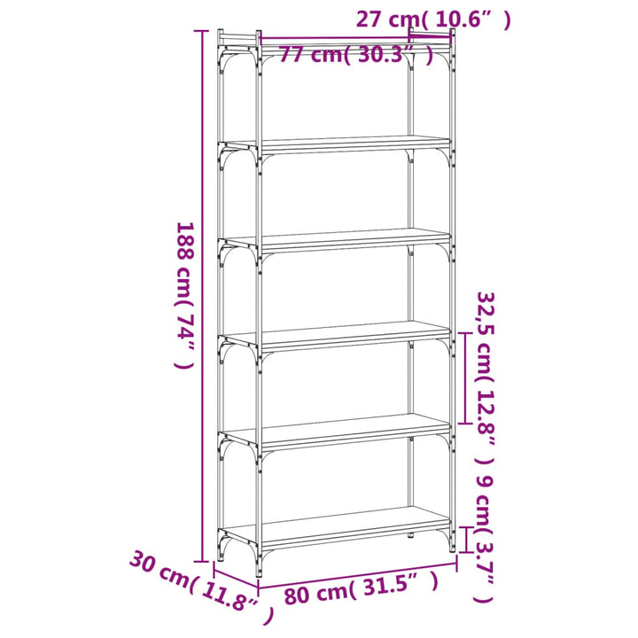 Boekenkast 6-laags 80x30x188 cm bewerkt hout sonoma eiken